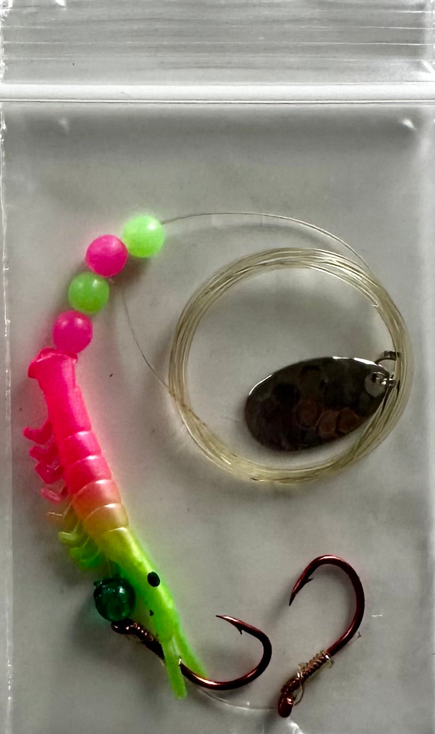 KOKOPROS® UV micro shrimp #06, Green and Pink, nickel spinner blade, in packaging