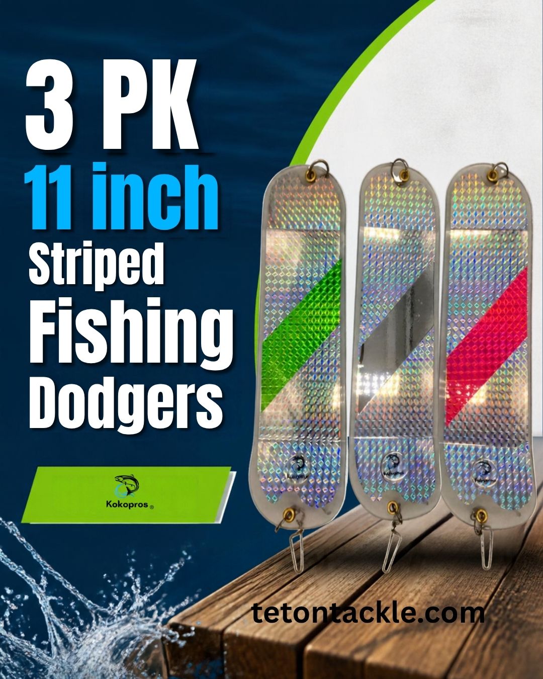 KOKOPROS® 11 Inch Salmon Flashers 3 Pack - Hot Pink, Green Stripe & Chrome - 360-Degree Rotation for Salmon & Trout Fishing - Heavy-Duty Hardware, Easy to Use