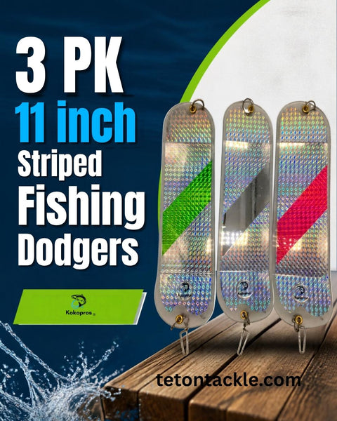 KOKOPROS® 11 Inch Salmon Flashers 3 Pack - Hot Pink, Green Stripe & Chrome - 360-Degree Rotation for Salmon & Trout Fishing - Heavy-Duty Hardware, Easy to Use