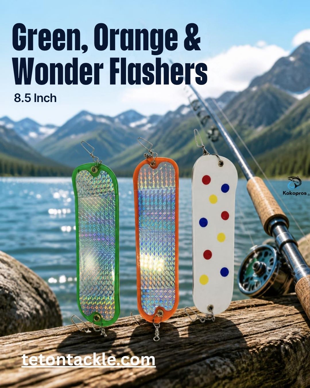 KOKOPROS ® Salmon Fishing Flashers *8 1/2 in  3 PK- Green Machine, Orange Machine & Wonder Machine.