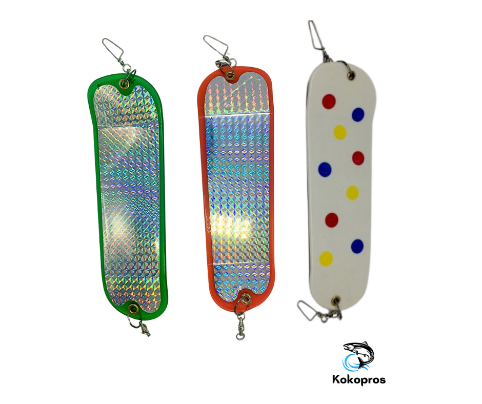 KOKOPROS ® Salmon Fishing Flashers *8 1/2 in  3 PK- Green Machine, Orange Machine & Wonder Machine.