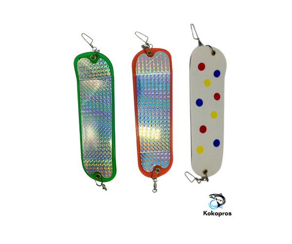 KOKOPROS ® Salmon Fishing Flashers *8 1/2 in  3 PK- Green Machine, Orange Machine & Wonder Machine.