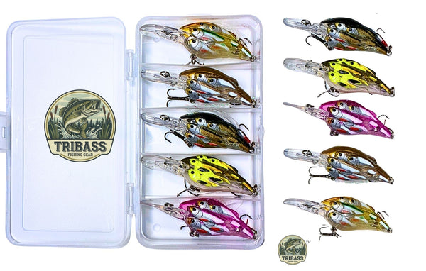 TRIBASS™  Minnow Pod Bass Crank Bait Fishing Lures 5-PACK with case.