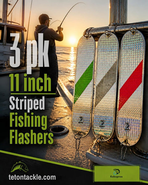 KOKOPROS® 11 Inch Salmon Flashers 3 Pack - Hot Pink, Green Stripe & Chrome - 360-Degree Rotation for Salmon & Trout Fishing - Heavy-Duty Hardware, Easy to Use