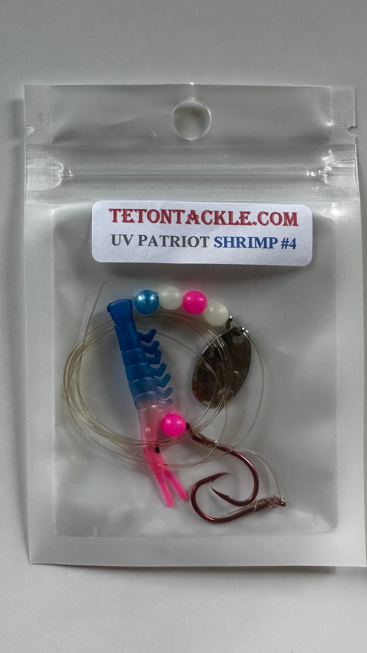 KOKOPROS® UV dyed kokanee shrimp #4, Patriot, 5-pack, in packaging