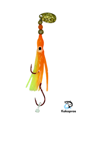 Hoochie - Orange Chartreuse #4 Luminous Octopus Hoochie with Brass Spinner Blade- 6cm