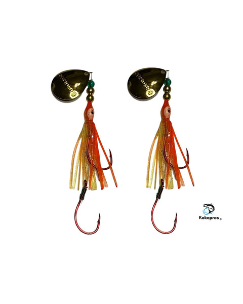 Salmon Tackle - Kokopros® Twin Pack Orange Chartreuse Salmon Hoochie's 4/0 Red Octopus Snell