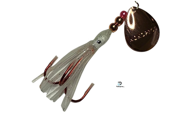 Salmon Tackle - Kokopros® Ghost White #7- 2/0 Treble- Luminous Salmon Hoochie with Kokopros Spinner Blade (TREBLE)