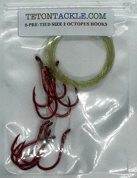 Hooks - Size 2 Pre-tied Red Octopus Hooks - 5-pack