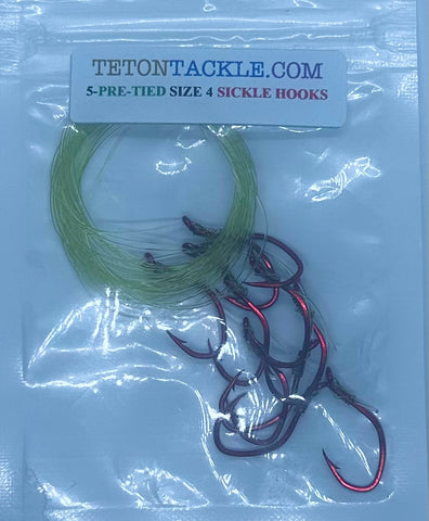 Size #4 Pre-Tied Red Sickle Hooks- 5-packs