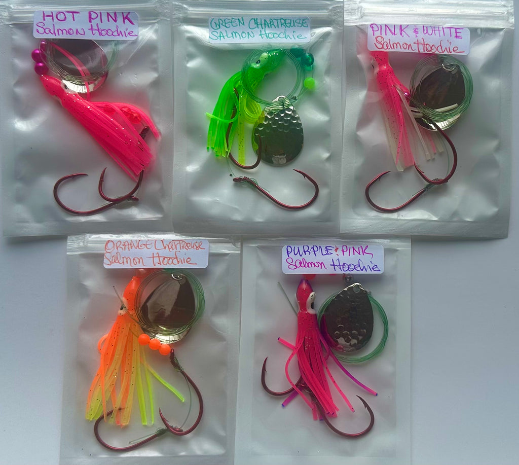 Kits - 10-Pack Chinook Luminous Salmon Hoochie Kit #1 -(5) 4/0 Red Octopus  Snells and (5) 2/0 Red Treble Hooks, 40 Lb Test Line with Hammered Nickel