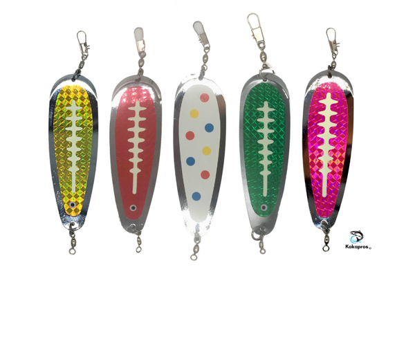 Dodger - KOKOPROS® * Finished Kokanee Salmon Hyperglow Teardrop Fishing Flasher, 5-1/2 " Length Chrome, Multicolor 5 Pack Salmon & Kokanee Fishing Tackle, Durable Metal Design