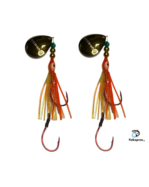 Salmon Tackle - Kokopros® Twin Pack Orange Chartreuse Salmon Hoochie's 4/0 Red Octopus Snell