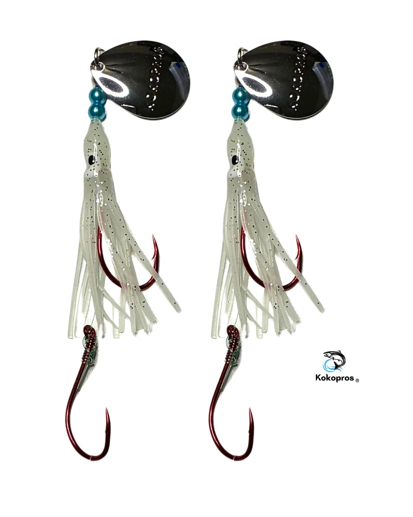 Salmon Tackle - Kokopros® Twin Pack Ghost White Salmon Hoochie's (2)- 4/0 Red Octopus Snells