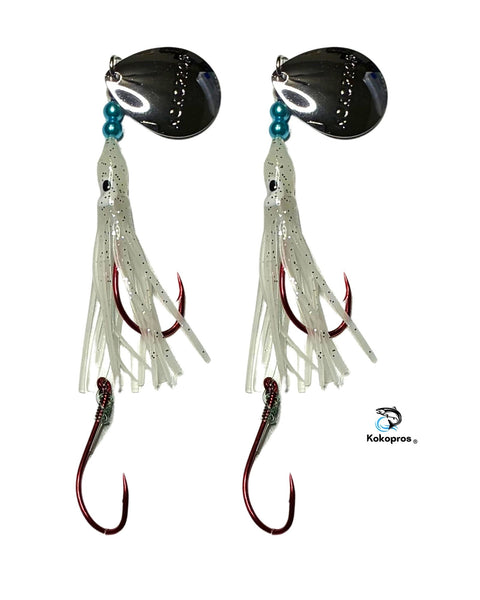 Salmon Tackle - Kokopros® Twin Pack Ghost White Salmon Hoochie's (2)- 4/0 Red Octopus Snells