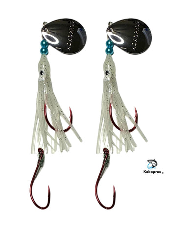 Salmon Tackle - Kokopros® Twin Pack Ghost White Salmon Hoochie's (2)- 4/0 Red Octopus Snells
