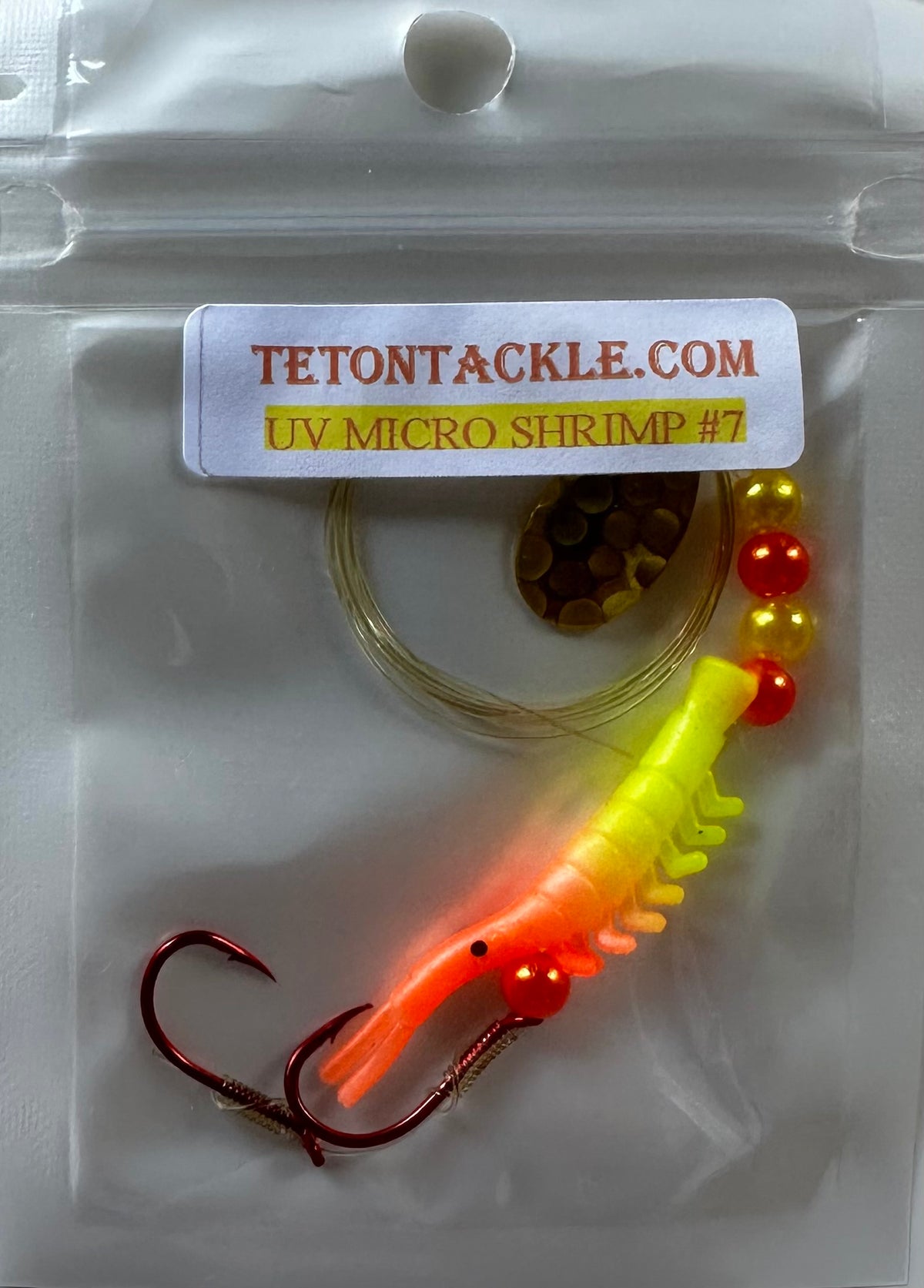 KOKOPROS® UV micro shrimp #07, Orange and Yellow, brass spinner blade, in packaging