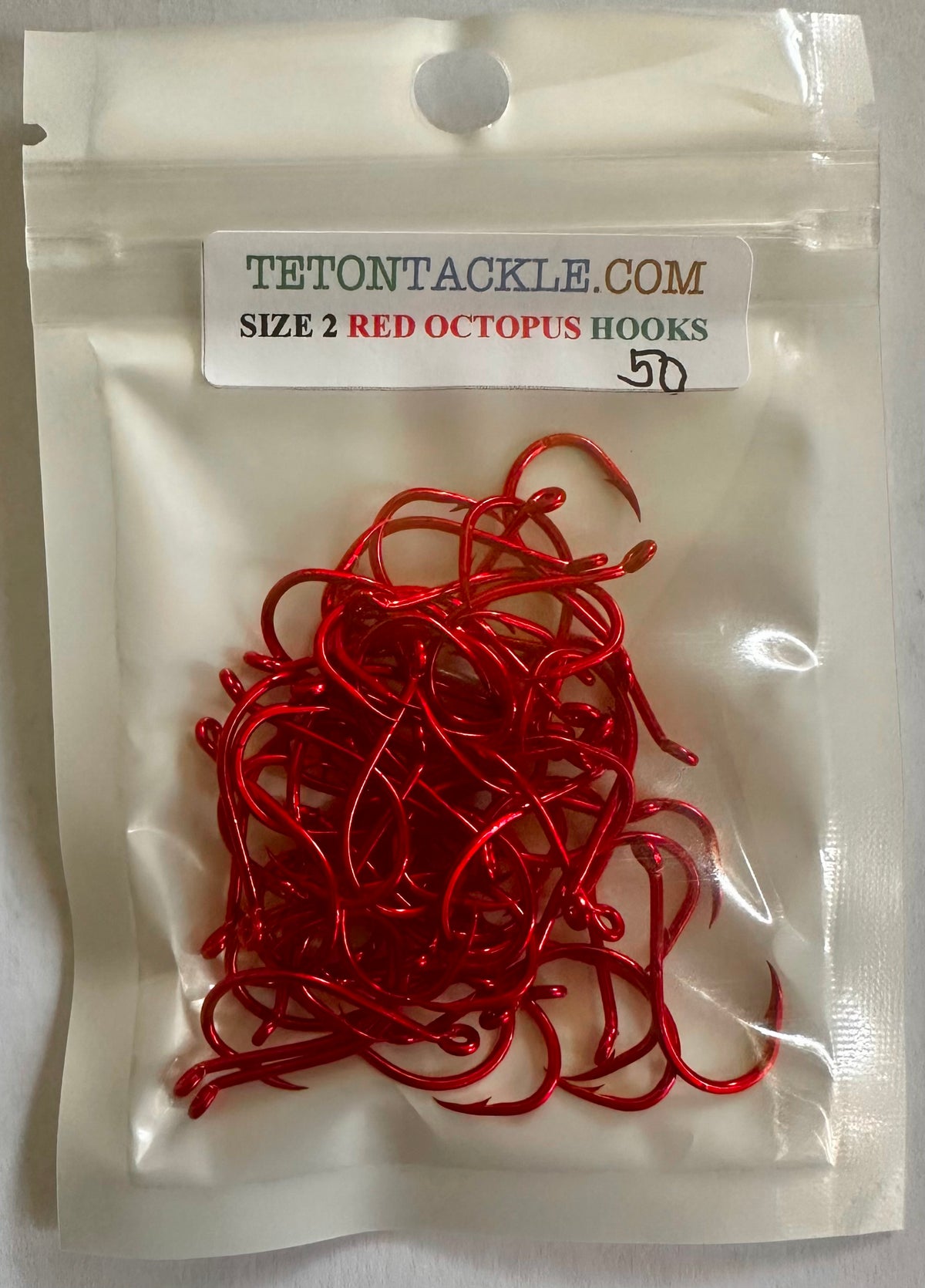 KOKOPROS® red sickle hooks, size 2, 50-pack, in packaging