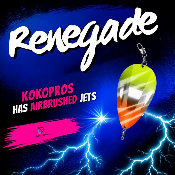 KOKOPROS® Jet Squadron  Renegade Jet Chartreuse, Silver, Orange Airbrushed Jet Dodgers 4 1/2-inch  Kokanee Salmon Fishing