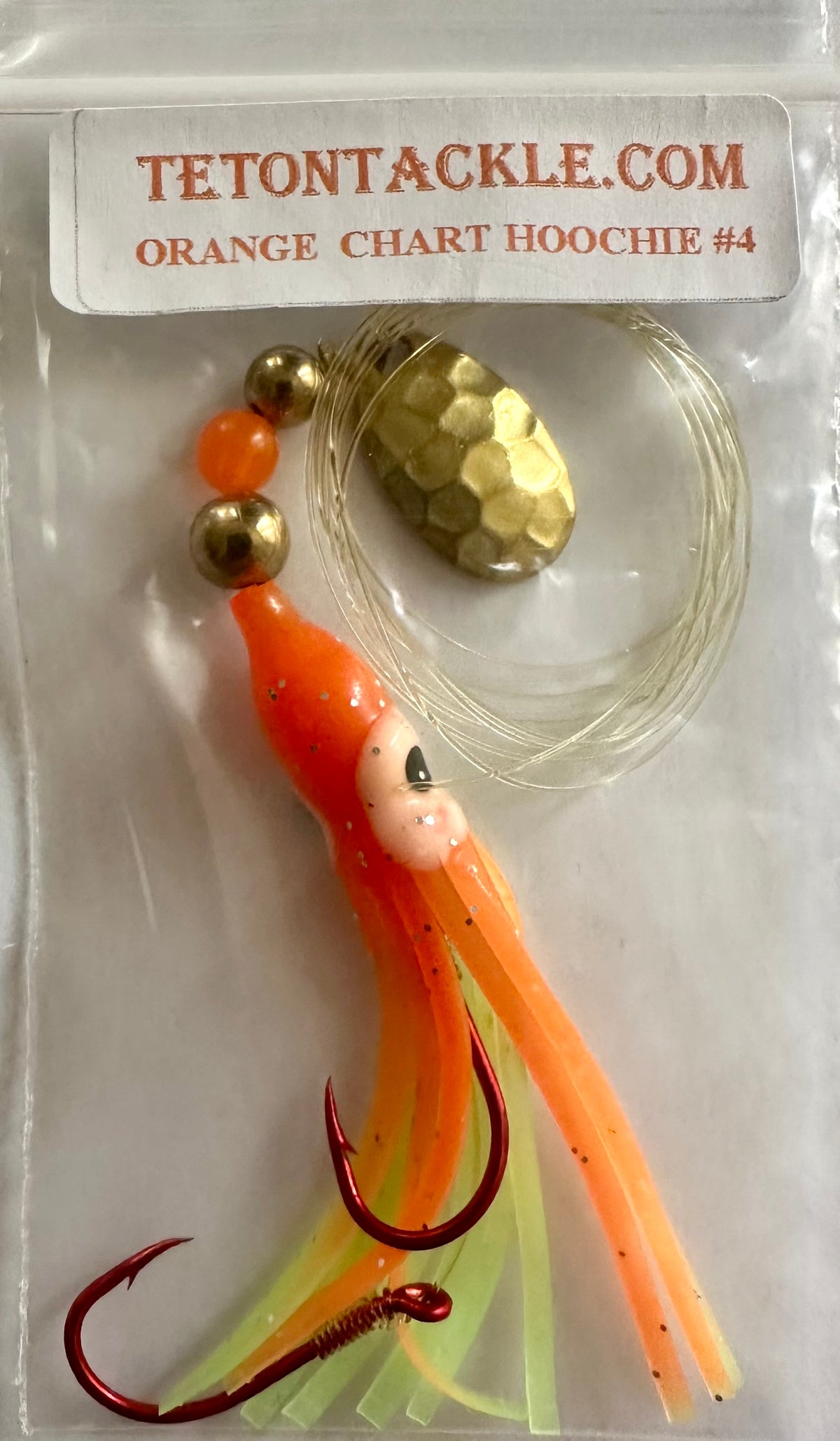 KOKOPROS® Orange Chartreuse #4 luminous octopus hoochie, 6 cm, brass spinner blade, in packaging