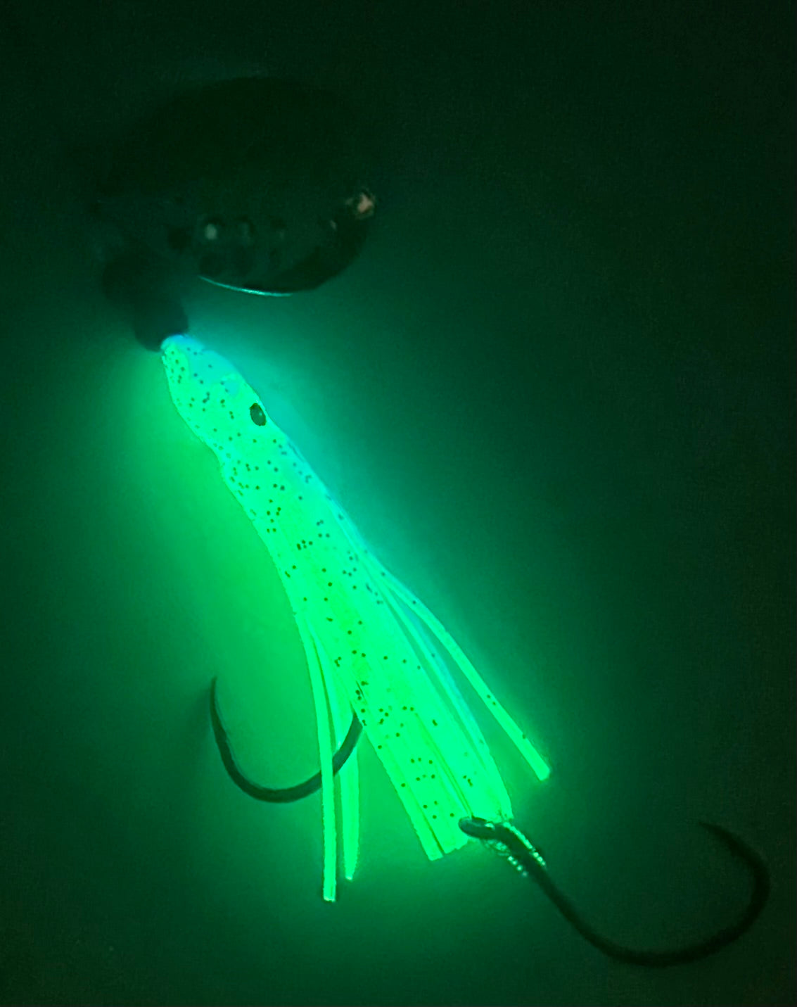 KOKOPROS® Blue Magic #9 luminous salmon hoochie, 4/0 octopus snell, spinner blade, glowing in the dark