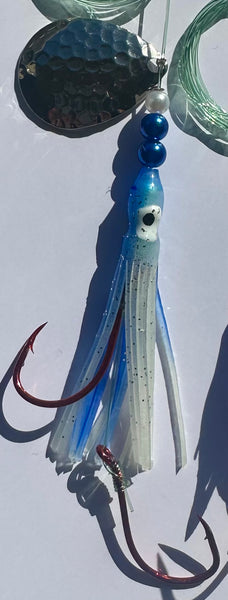 Salmon Tackle - Blue Magic #9 - 4/0 Octopus Snells-Luminous Salmon Hoochie tied on 40 Lb Test Trilene Line with a Hammered Nickel Colorado Spinner Blade (SNELL)