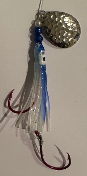 Salmon Tackle - Blue Magic #9 - 4/0 Octopus Snells-Luminous Salmon Hoochie tied on 40 Lb Test Trilene Line with a Hammered Nickel Colorado Spinner Blade (SNELL)