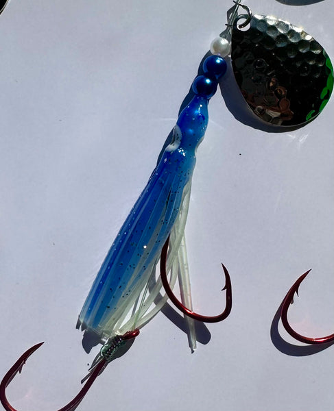 Salmon Tackle - Blue Magic #9 - 4/0 Octopus Snells-Luminous Salmon Hoochie tied on 40 Lb Test Trilene Line with a Hammered Nickel Colorado Spinner Blade (SNELL)