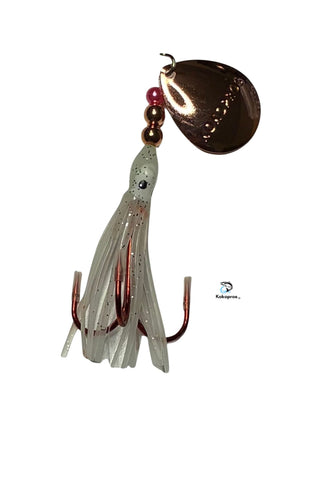 Salmon Tackle - Kokopros® Ghost White #7- 2/0 Treble- Luminous Salmon Hoochie with Kokopros Spinner Blade (TREBLE)