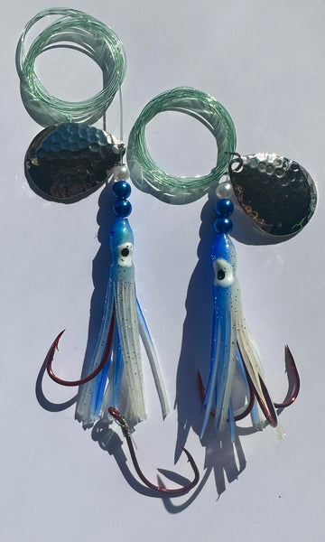 Salmon Tackle - Twin Pack Blue Magic #9 Luminous Salmon Hoochies 1) with a 2/0 Red Treble and the other with a 4/0 Red Octopus Snell Rig Tied on 40 Lb Test Trilene Line and a Hammered Nickel Colorado Spinner Blade