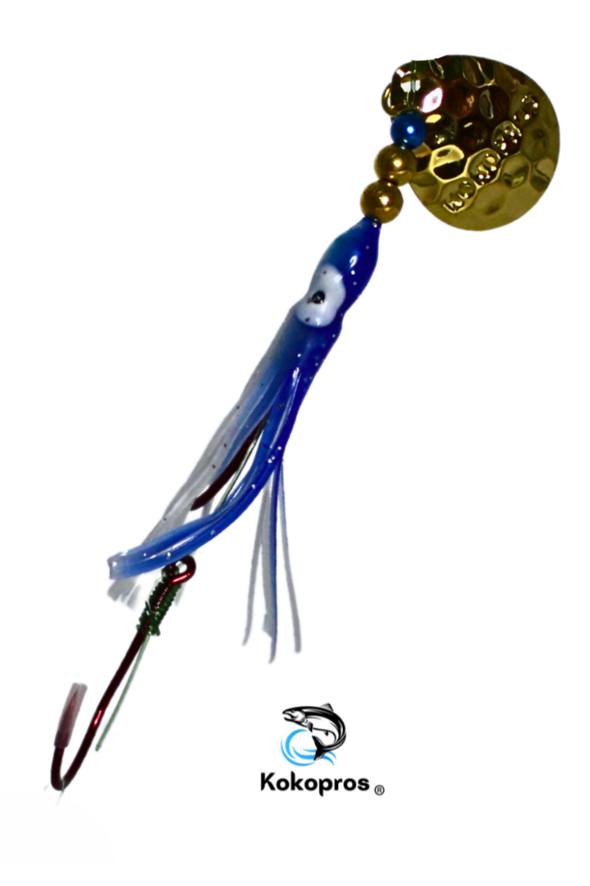 KOKOPROS® Blue Magic #9 luminous salmon hoochie, 4/0 octopus snell, spinner blade