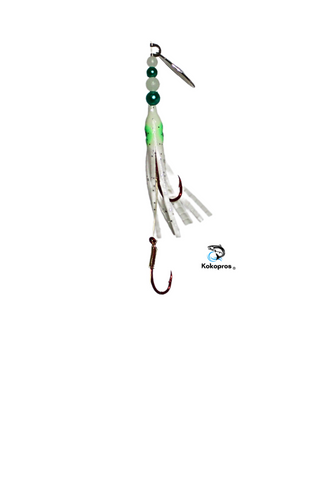 Micro Hoochie - KOKOPROS ® 4.5 cm  Glow White ( Green Eyes) #12 Luminous Micro Hoochie with Nickel Spinner Blade