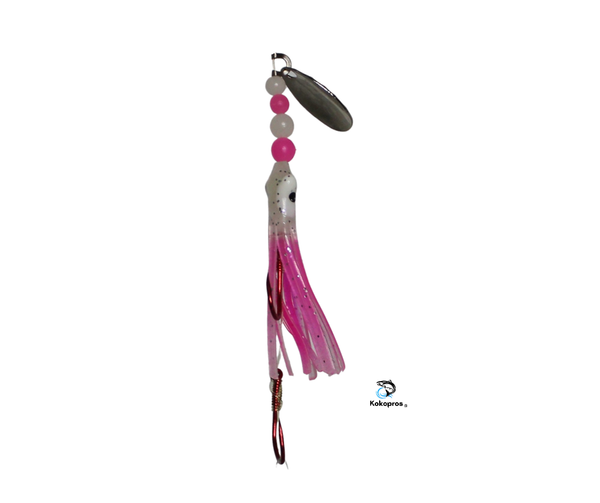 Micro Hoochie -KOKOPROS ® 4.5 cm Glow Pink (White Head) # 11 with Nickel Spinner Blade