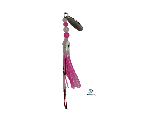 Micro Hoochie -KOKOPROS ® 4.5 cm Glow Pink (White Head) # 11 with Nickel Spinner Blade