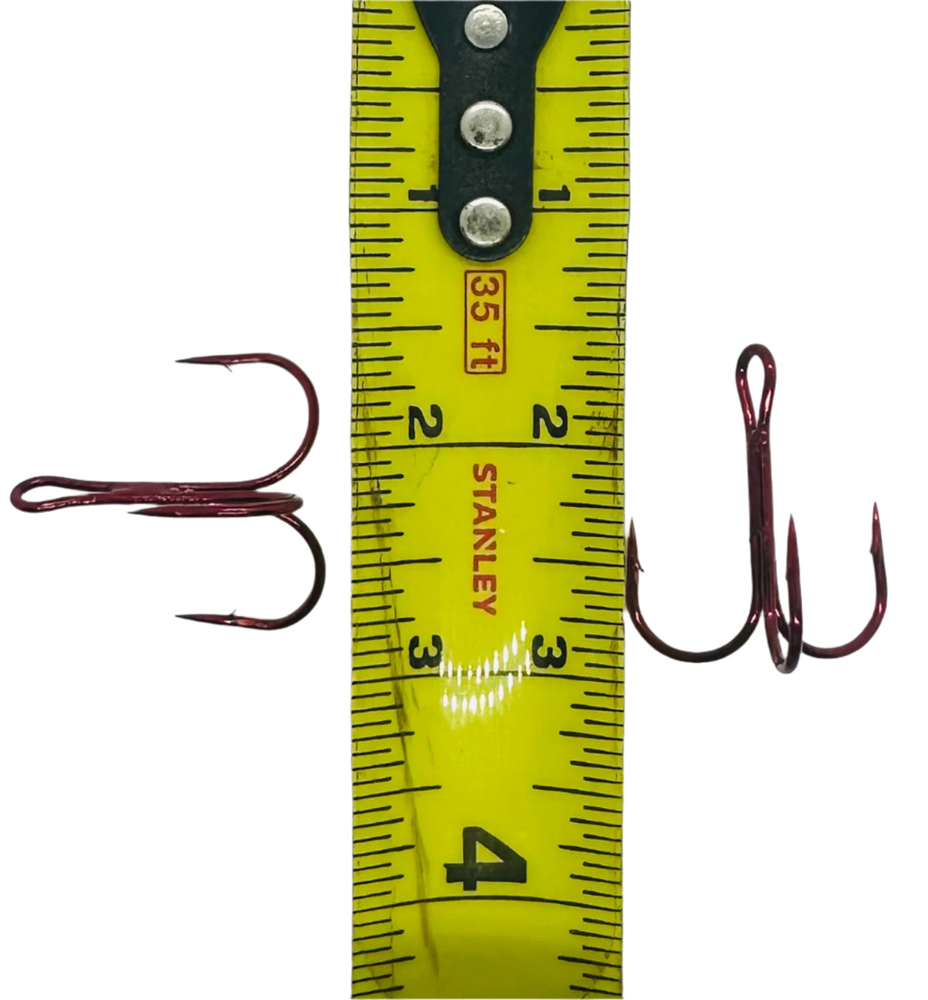 KOKOPROS® red treble hooks, size 2/0, 100-pack, with size measurement, side view
