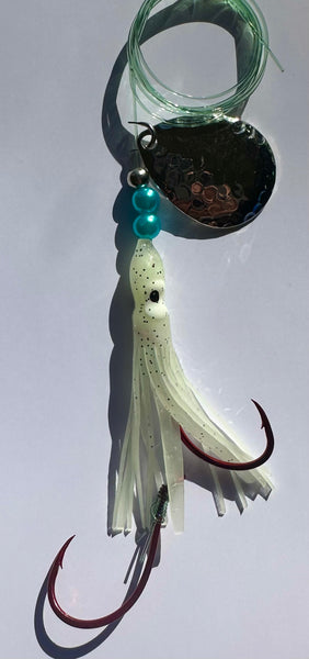 Salmon Tackle - Ghost White #7- 4/0 Snells - Luminous Salmon Hoochie with Hammered Nickel Colorado Blade tied on 40 Lb test Green Trilene Big Game Line. * One of Best New Salmon Trolling Lures anywhere (SNELL)