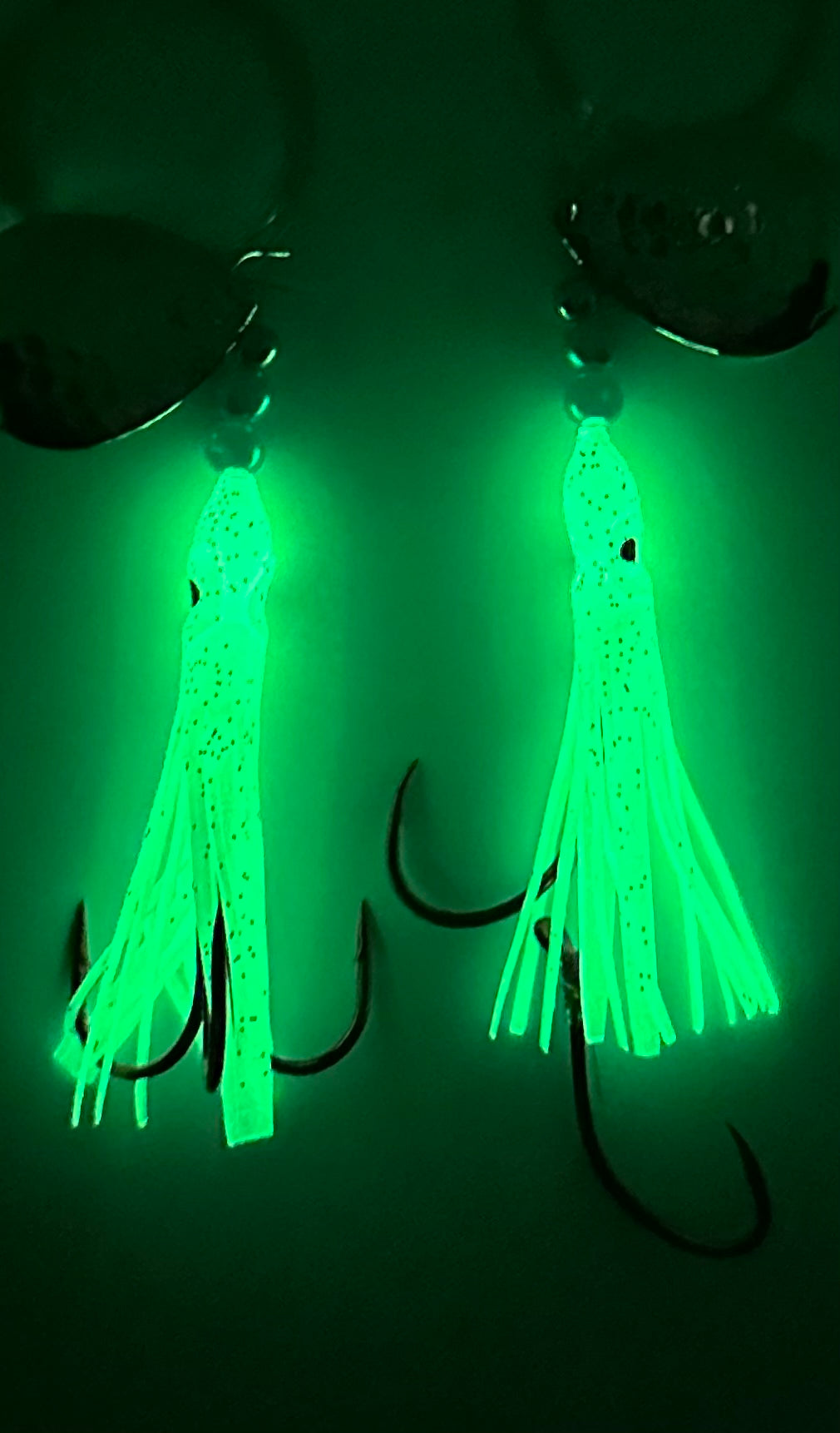 KOKOPROS® Ghost White #7 luminous salmon hoochie, 4/0 snell hook, spinner blade, glowing in the dark