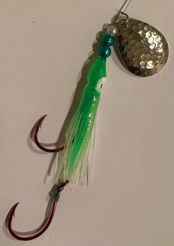 Salmon Tackle - Green and White #5- 4/0 Snells-Luminous Salmon Hoochie tied on 40 Lb Test Trilene Line with a Hammered Nickel Colorado Spinner Blade (SNELL)