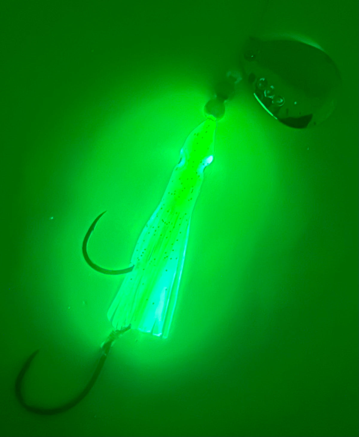 KOKOPROS® Green #10 luminous salmon hoochie, 4/0 snell hook, spinner blade, glowing in the dark