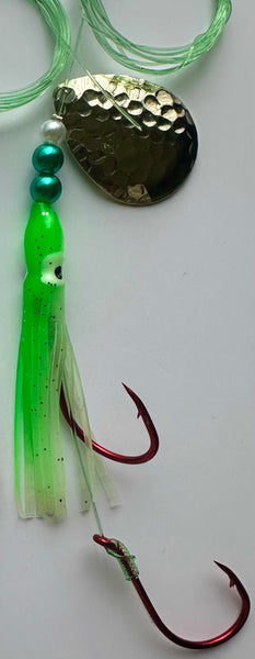 Salmon Tackle - Green and White #5- 4/0 Snells-Luminous Salmon Hoochie tied on 40 Lb Test Trilene Line with a Hammered Nickel Colorado Spinner Blade (SNELL)
