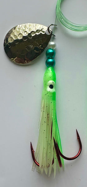 Salmon Tackle- Green and White #5- 2/0 Treble- Luminous Salmon Hoochie tied on 40 Lb Test Trilene Line, Hammered Nickel Colorado Spinner Blade (TREBLE)