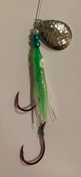 Kits- 10-Pack Chinook Luminous Salmon Hoochie Kit #3-  with 4/0 Red Octopus Snell Rigs, 40 Lb Test Trilene Big Game Line and Hammered Nickel Colorado Spinner Blades