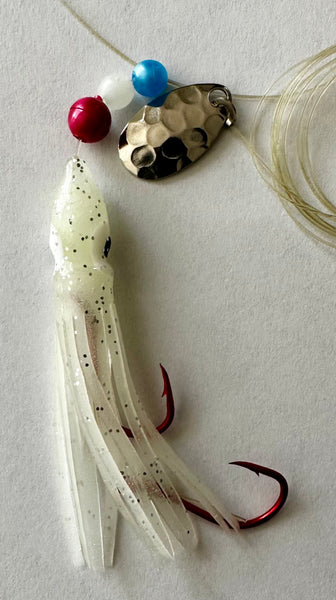 Hoochie- Ghost White #7 Luminous Octopus Hoochie with Nickel Spinner Blade-6cm *BEST GLOW