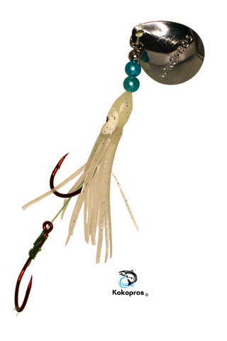 Salmon Tackle - Kokopros® Ghost White #7- 4/0 Snell Hook - Luminous Salmon Hoochie with Kokopros Spinner Blade. (SNELL)
