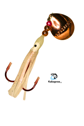 Salmon Tackle - Kokopros® Ghost White #7- 2/0 Treble- Luminous Salmon Hoochie with Kokopros Spinner Blade (TREBLE)