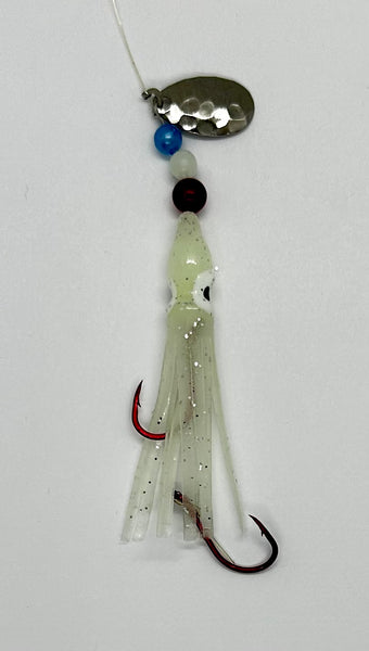 Hoochie- Ghost White #7 Luminous Octopus Hoochie with Nickel Spinner Blade-6cm *BEST GLOW