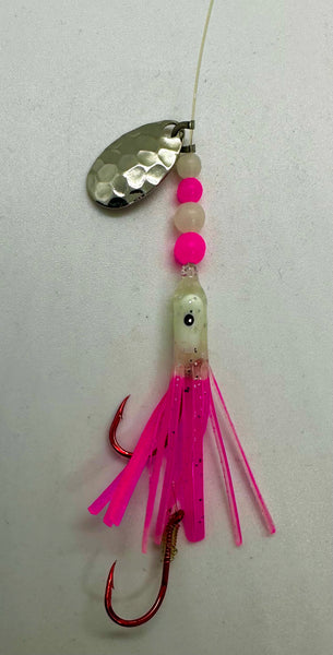 Micro Hoochie -Luminous Pink with White Head # 11 with Nickel Spinner Blade