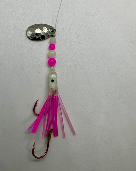 Micro Hoochie -Luminous Pink with White Head # 11 with Nickel Spinner Blade