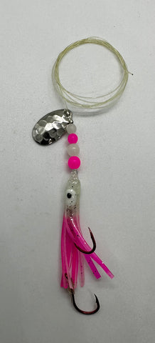Micro Hoochie -Luminous Pink with White Head # 11 with Nickel Spinner Blade