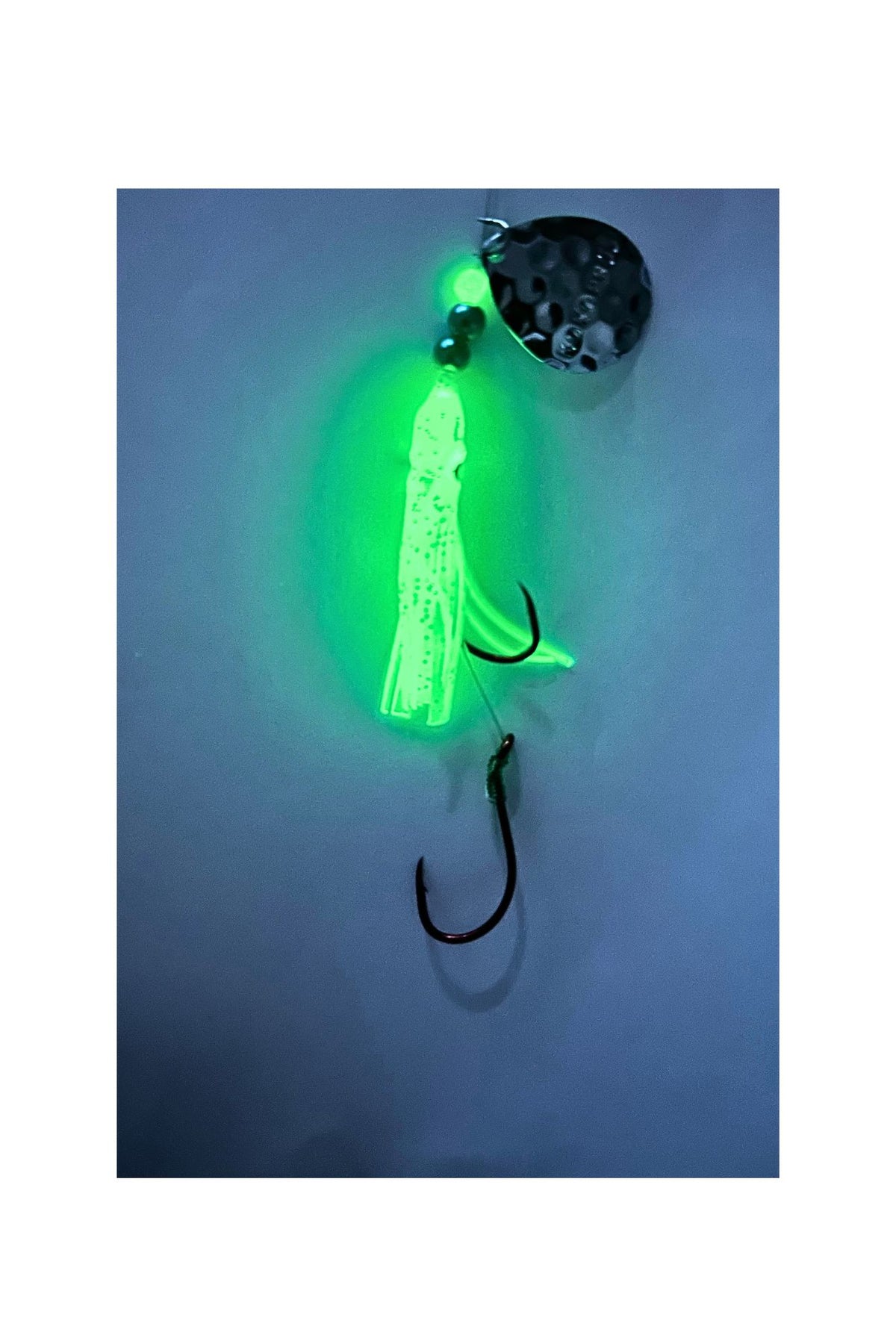 KOKOPROS® Purple and Pink #6 luminous salmon hoochie, snell, spinner blade, glowing in the dark